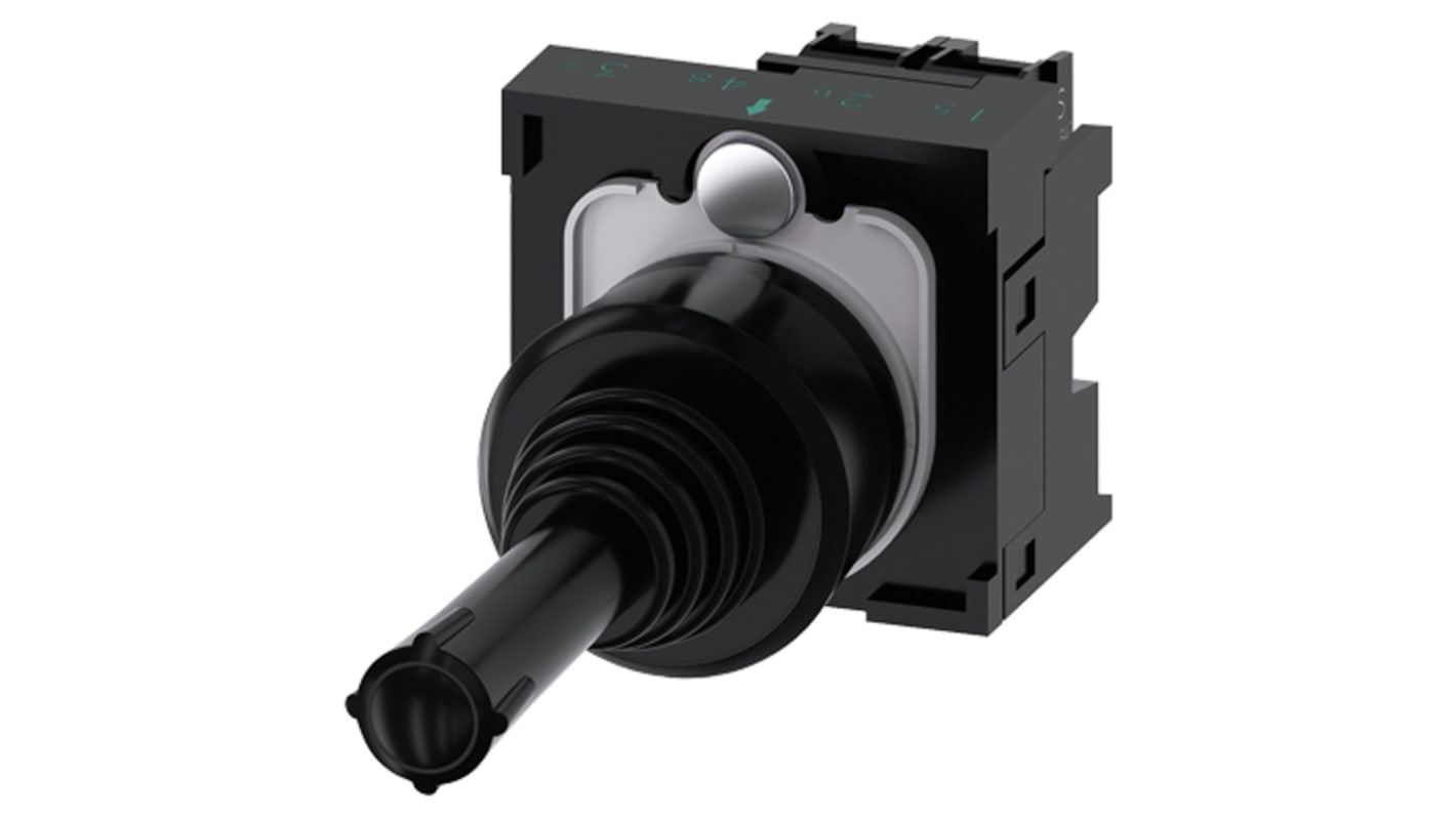 Interruttore joystick Siemens 3SU1100-7AB10-1NA0, rotondo, plastica nera, 2 posizioni, protezione IP65, altezza 71.3 mm.