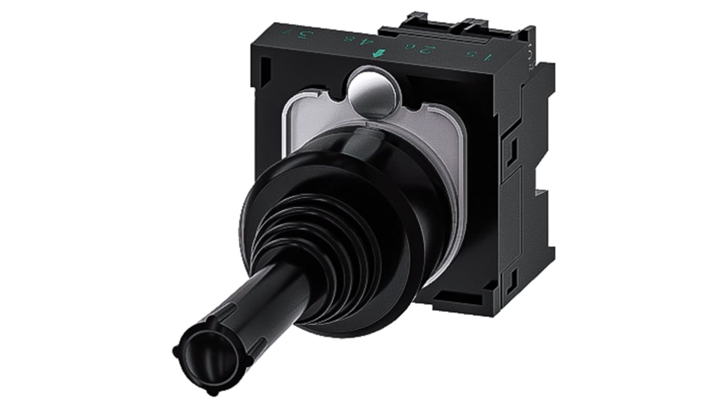 Interruttore joystick Siemens, rotondo, plastica nera, 2 posizioni, contatto momentaneo, IP65, tensione 5-500V, altezza 71.3 mm.