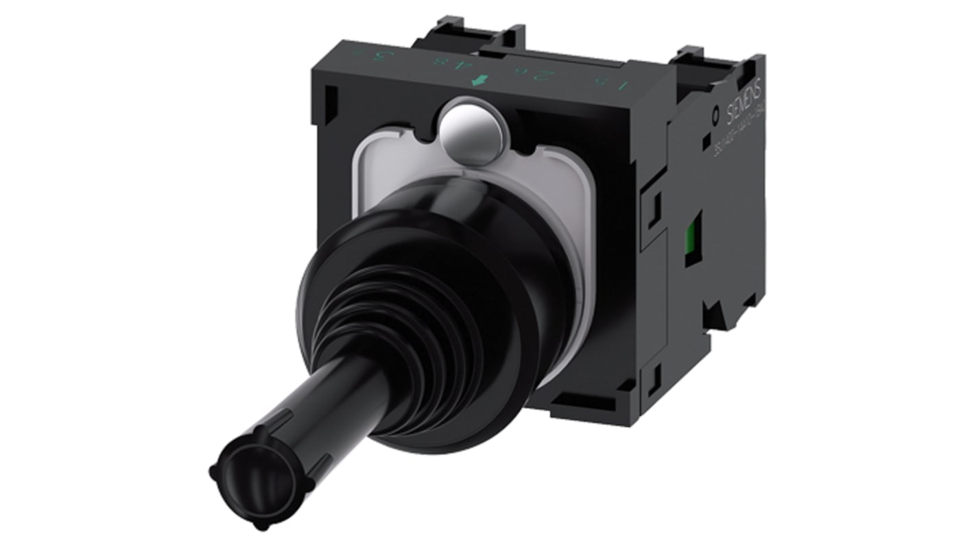 Interruttore joystick Siemens 3SU1100-7AA10-1NA0, rotondo, plastica nera, 2 posizioni, IP65/IP67, tensione 5-500V, corrente 10 A.