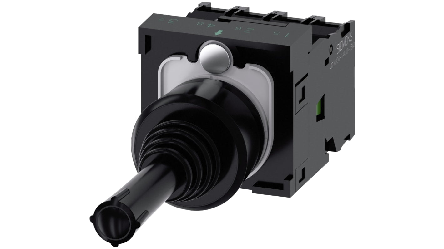 Interruttore joystick Siemens 3SU1100-7AE10-1QA0, rotondo, 4 posizioni, plastica nera, IP65, tensione 5-500V, corrente 10 A.
