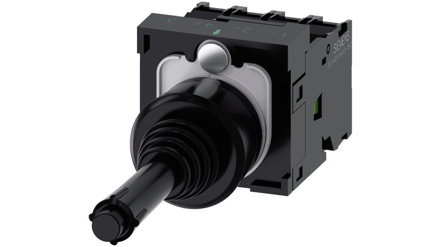 Interruttore joystick Siemens, rotondo, 22 mm, plastica nera, 4 posizioni, contatti momentanei, protezione IP65, tensione 5-500V.