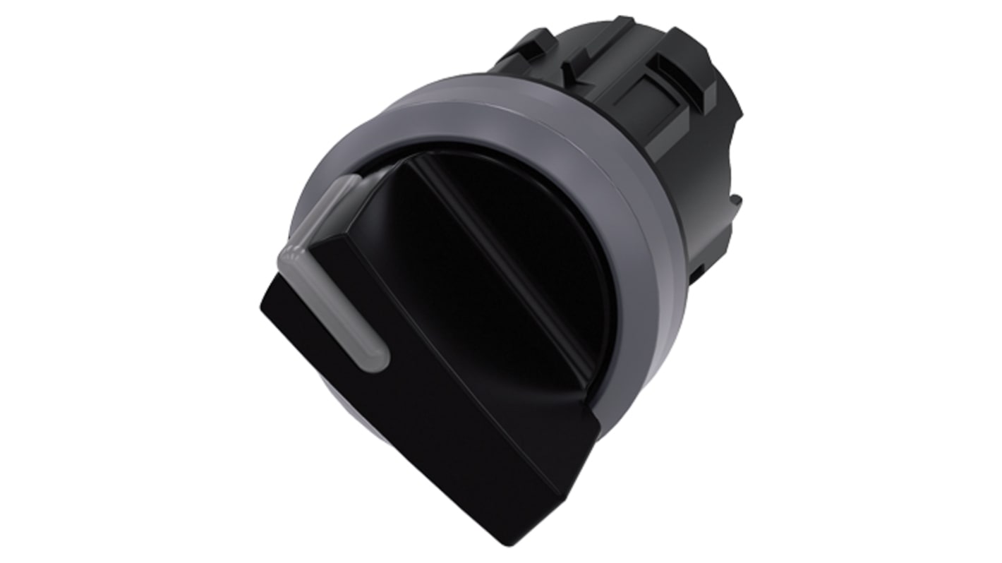 Selettore Siemens 3SU1032, tondo, 22 mm, in plastica nera con anello metallico, 2 posizioni, protezione IP66/IP67/IP69K.