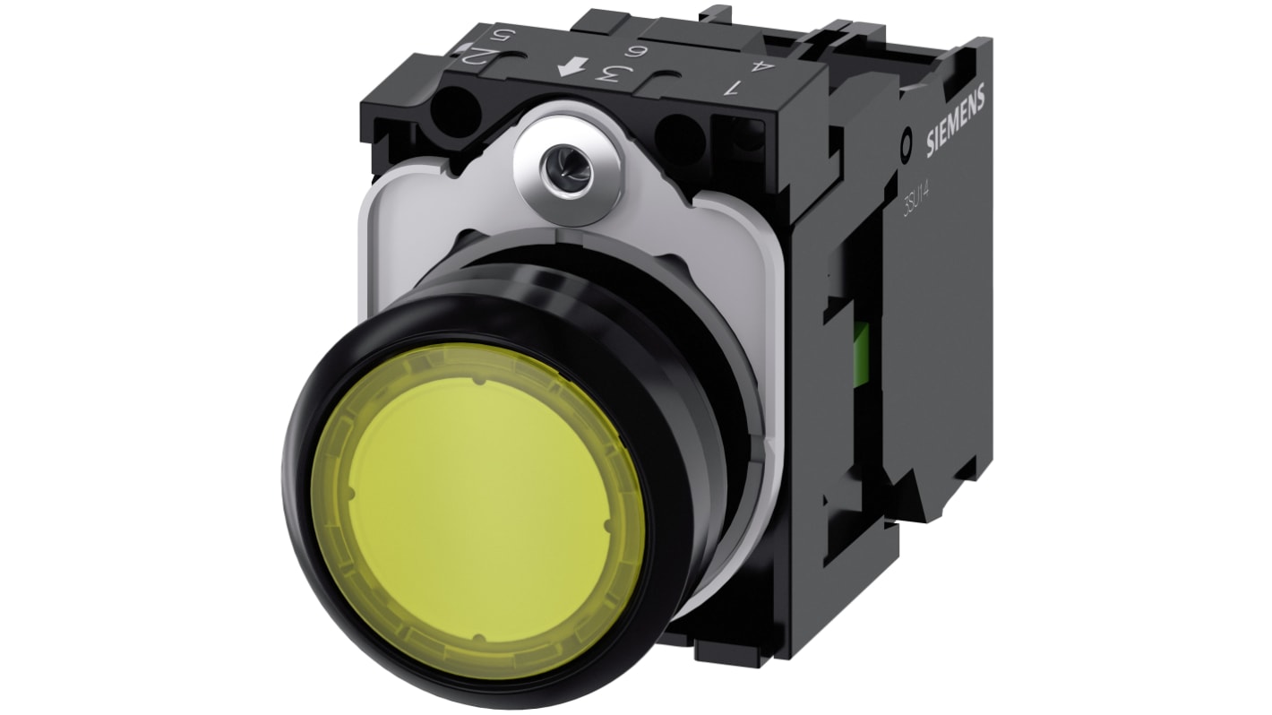 Pulsante Siemens 3SU1106-0AB30-1BA0, tondo, plastica gialla, contatto momentaneo SPST, diametro 22 mm, LED integrato 230 V.