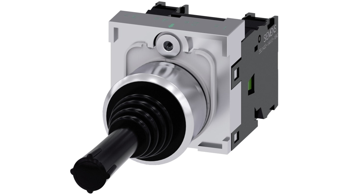 Interruttore joystick momentaneo Siemens, 22 mm, metallo nero, 2 posizioni, contatto SPDT, protezione IP65, temperatura -25 a +70 gradi.