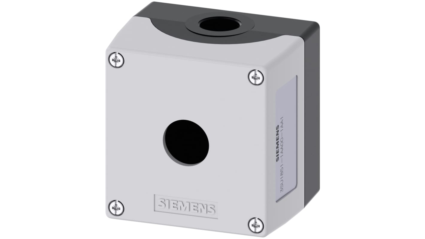 Scatola per pulsante Siemens Ø 22 mm, grigio scuro, dimensioni 85 x 89.4 x 68 mm, materiale metallico, operativa -25 a +70 °C.