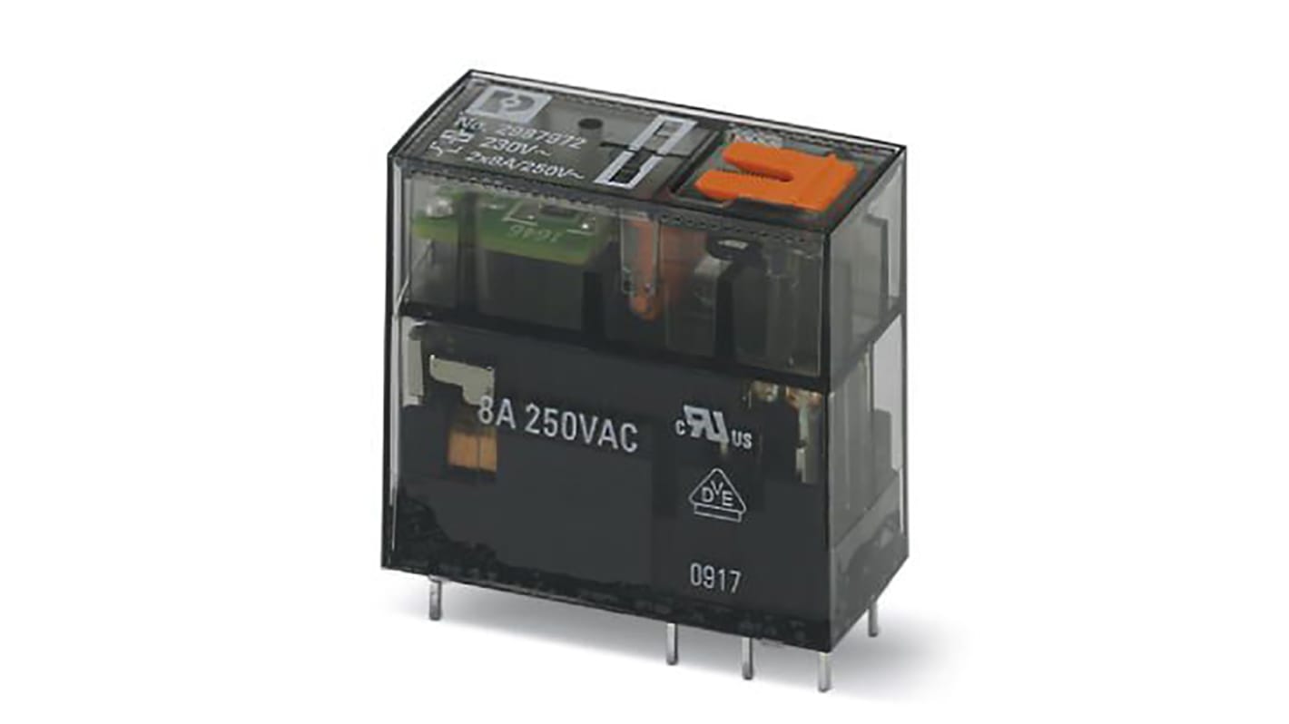 Relè miniaturizzato Phoenix Contact 2987972 DPDT con bobina 230V AC, LED di stato e pulsante di prova
