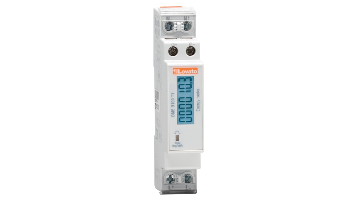 Contatore di energia monofase Lovato DMED100T1 con display LCD, precisione Classe 1, temperatura operativa -25/+55 °C.