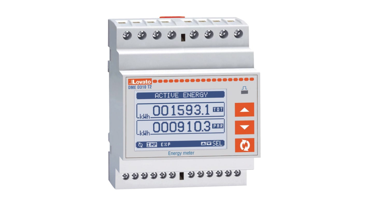 Contatore di energia trifase Lovato DMED310T2 con display LCD, classe di precisione 0,5 s, profondità 58 mm.