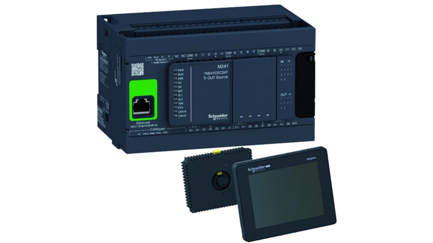 Starter kit PLC Schneider Electric TM241KIT1STU655, con modulo e display HMI touch, 24 V CC, connettività Ethernet.