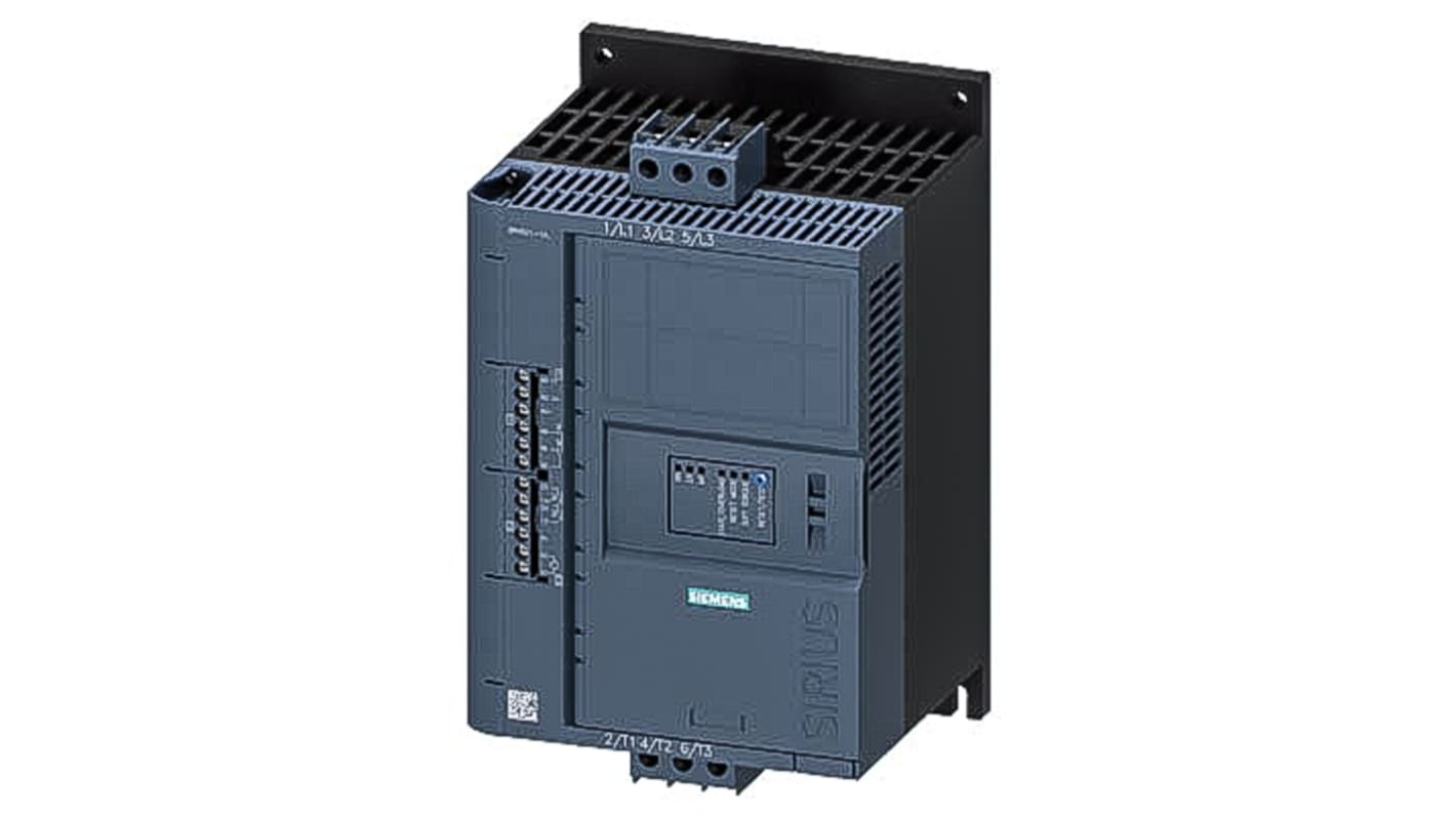 Avviatore soft-start Siemens 3RW5213-1AC14 per motori trifase, potenza 11 kW, montaggio a vite, dimensioni 170x152x274.8 mm.