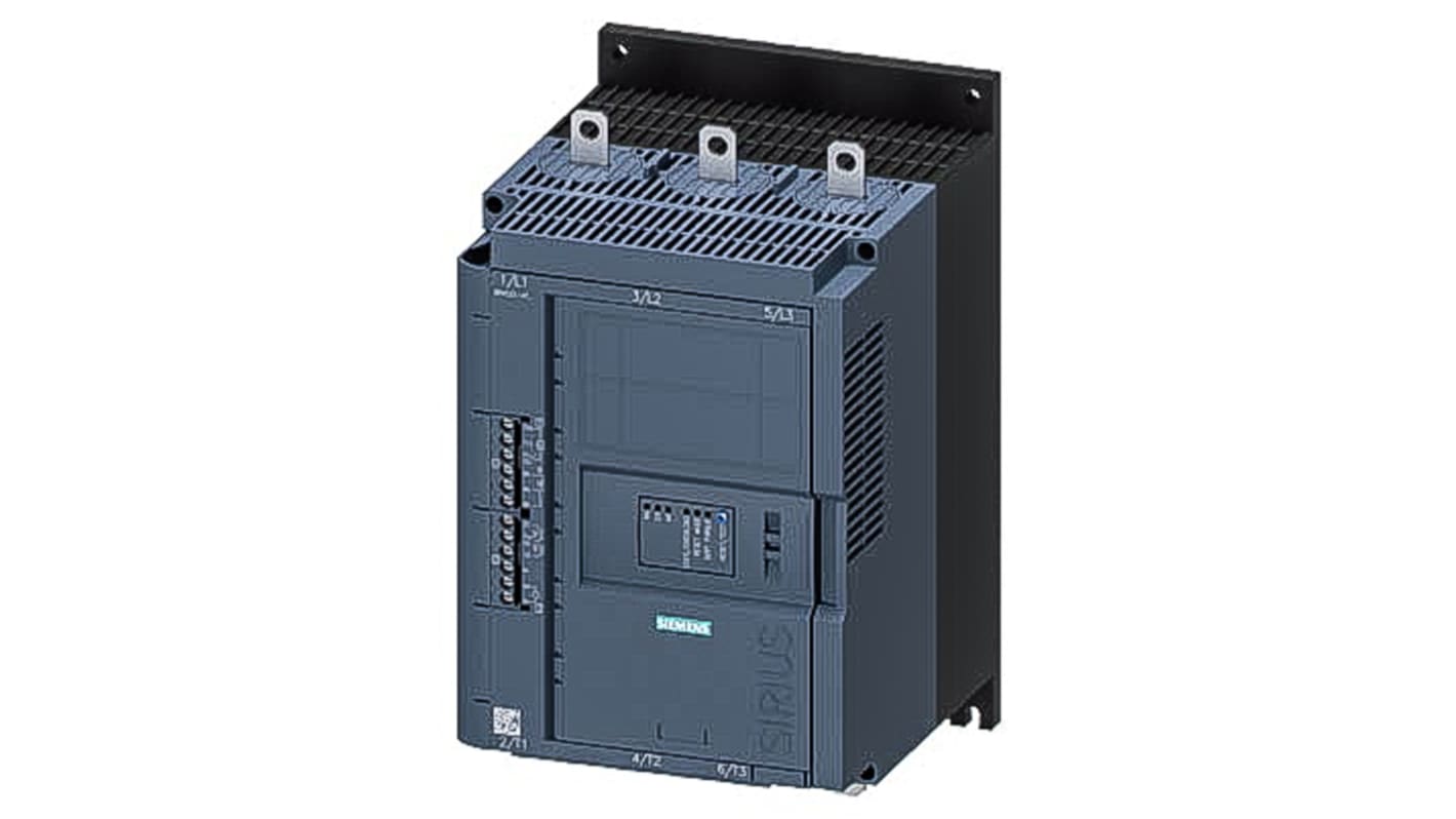 Avviatore soft-start Siemens 3RW5235-6TC04 per motori trifase, potenza 132 kW, montaggio a vite, dimensioni 185x203x305.6 mm.