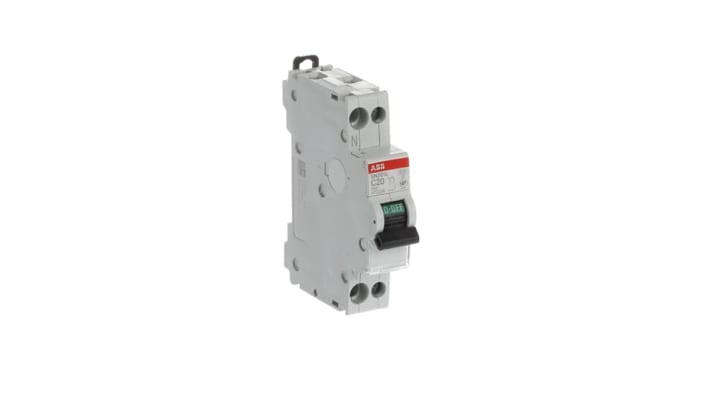 Interruttore magnetotermico ABB 20A Tipo C, montaggio su guida DIN, dimensioni 69x18x85 mm, per protezione cortocircuiti.