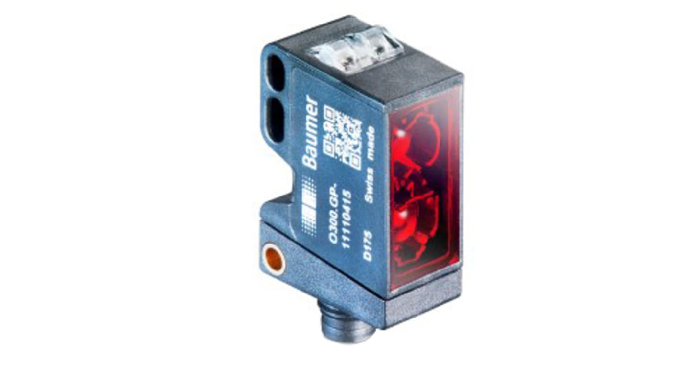 Baumer O300.GL-GW1J.72N/E022, sensore fotoelettrico rettangolare a diffusione, rilevamento 15-120 mm, uscita Push-Pull, IP67.