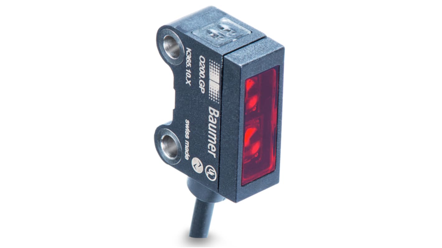 Baumer O200.GP-GW1J.72NV, sensore fotoelettrico rettangolare con soppressione dello sfondo, gamma di rilevamento 20-120 mm, montaggio con manicotto in acciaio inox.
