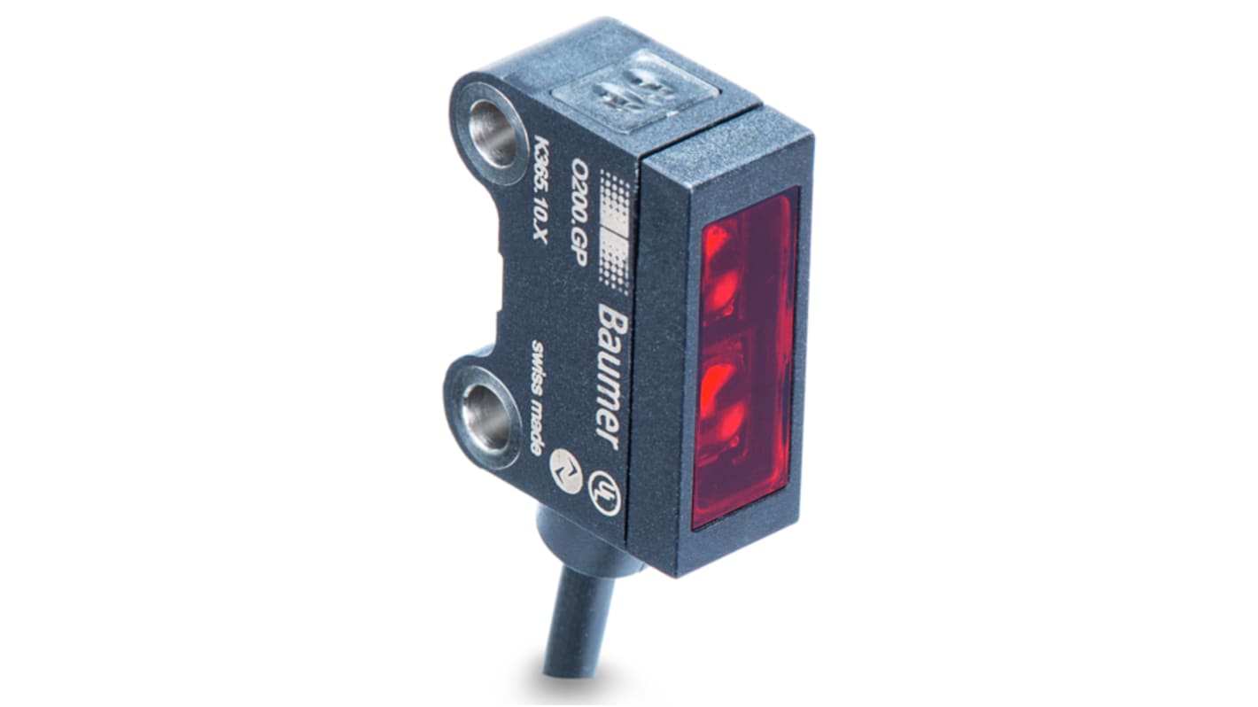 Sensore fotoelettrico Baumer O200.GR-GD1E.72NV/T007, rettangolare, rilevamento 15-80 mm, montaggio con manicotto inox, IP67.