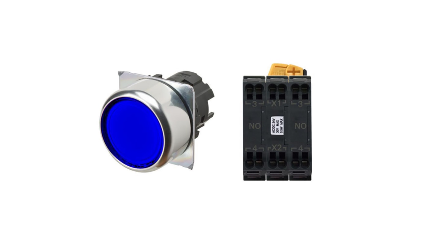 Pulsante Omron A22NN-RNA-UAA-P112-NN DPDT, montaggio a pannello, diametro 22 mm, colore blu, IP66, contatti a vite.