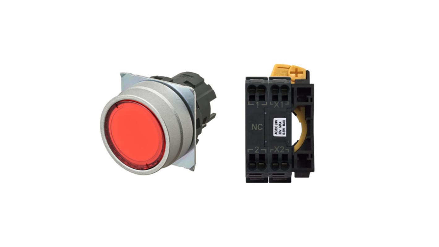 Pulsante Omron A22NN-RNA-URA-P112-NN DPDT, montaggio a pannello, diametro 22 mm, colore rosso, IP66, contatti a vite.