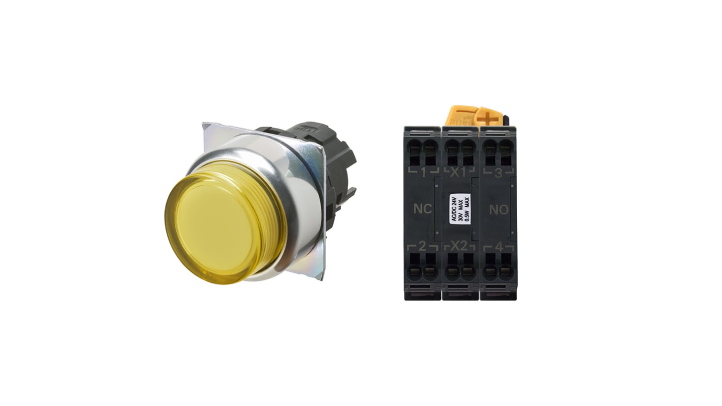 Pulsante Omron DPDT A22NN-RNA-UYA-P112-NN, montaggio a pannello, diametro 22 mm, colore giallo, IP66, metallo.