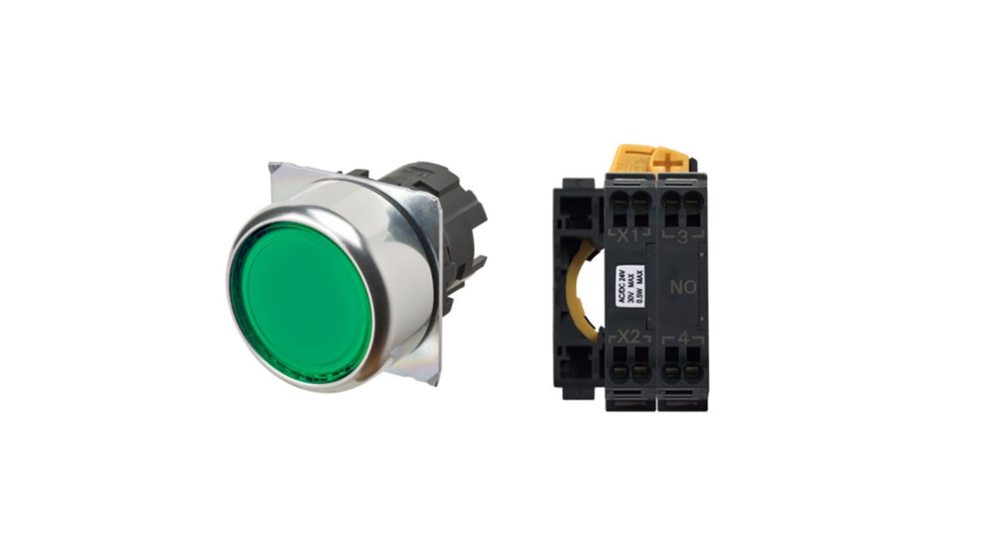 Pulsante Omron DPDT montaggio a pannello, verde, diametro 28.8 mm, IP66, per tensioni fino a 440 V.
