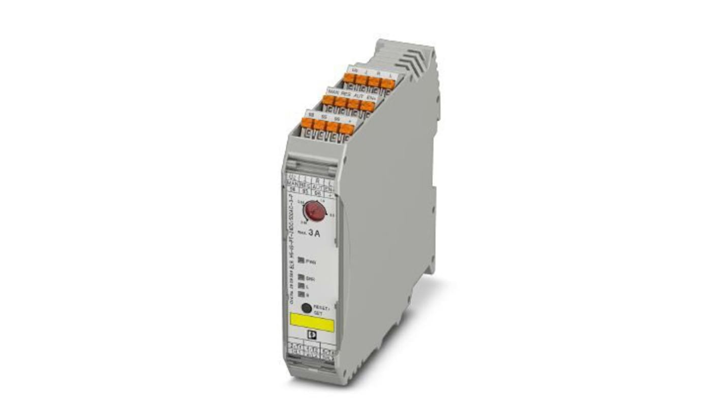 Motorino di avviamento ibrido trifase Phoenix Contact 2909569 per motori CA 3∼ fino a 3 A. Protezione sovraccarico, inversione e connessione su guida DIN.