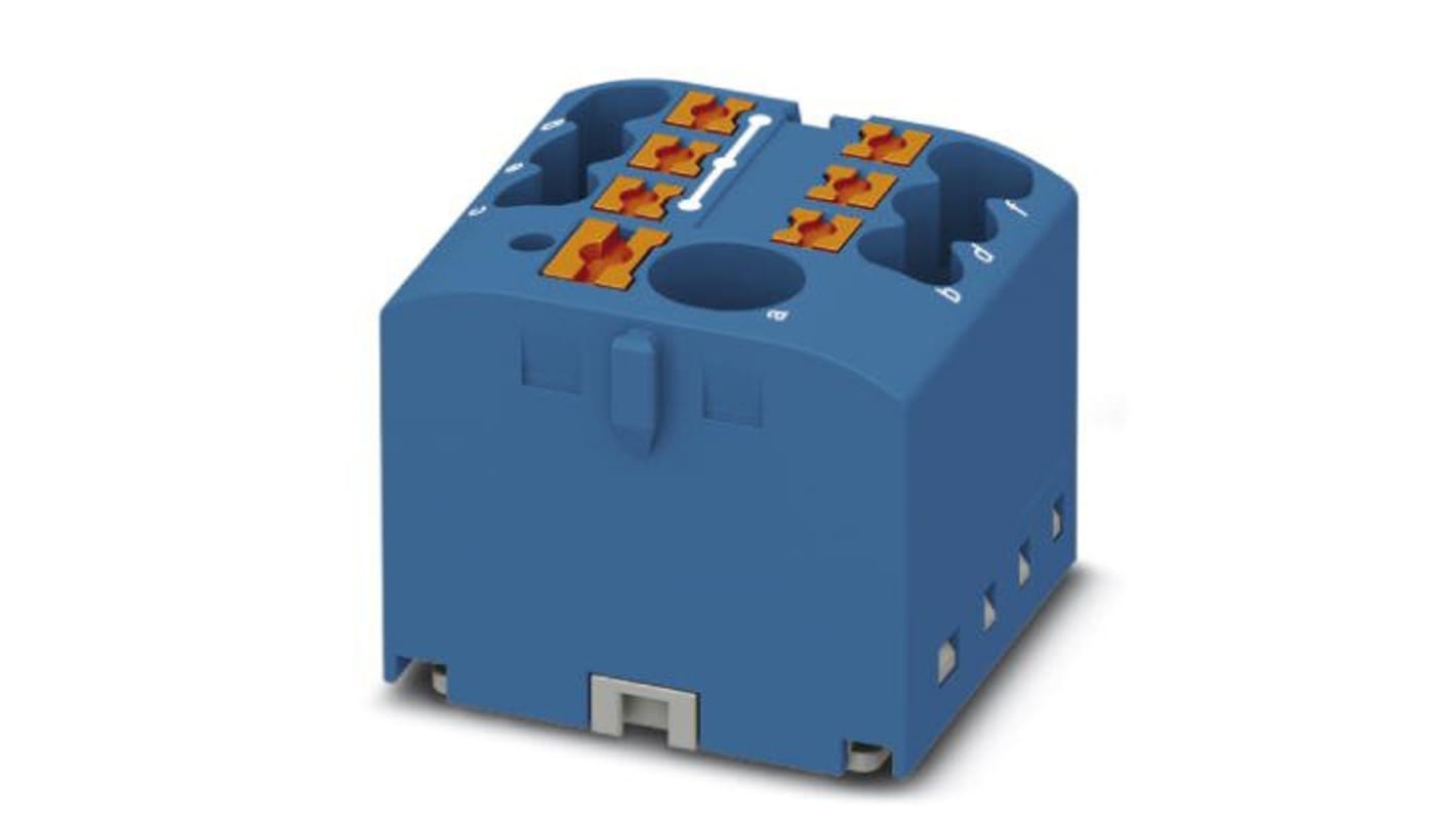 Blocco di distribuzione Phoenix Contact 7 vie 57A 450V - PTFIX 6/6X2,5 BU (cod. 3273332). Montaggio rapido, compatibile con guida DIN, protezione per fili rigidi e flessibili. Ideale per sistemi modulari.