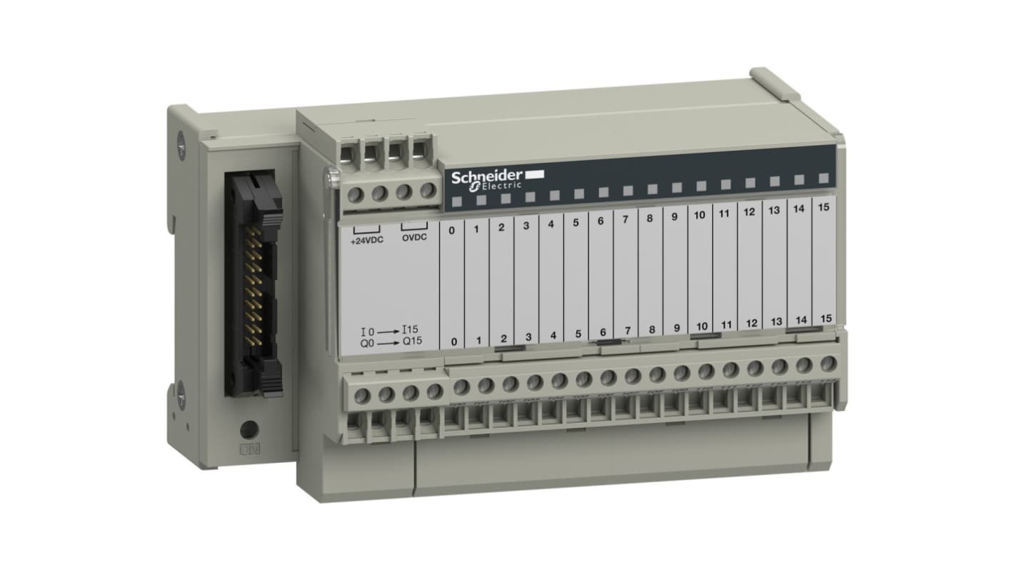 Relè Schneider Electric ABE7R16S111, modulo per guida DIN, 16 canali, tecnologia elettromeccanica, larghezza 55 mm.