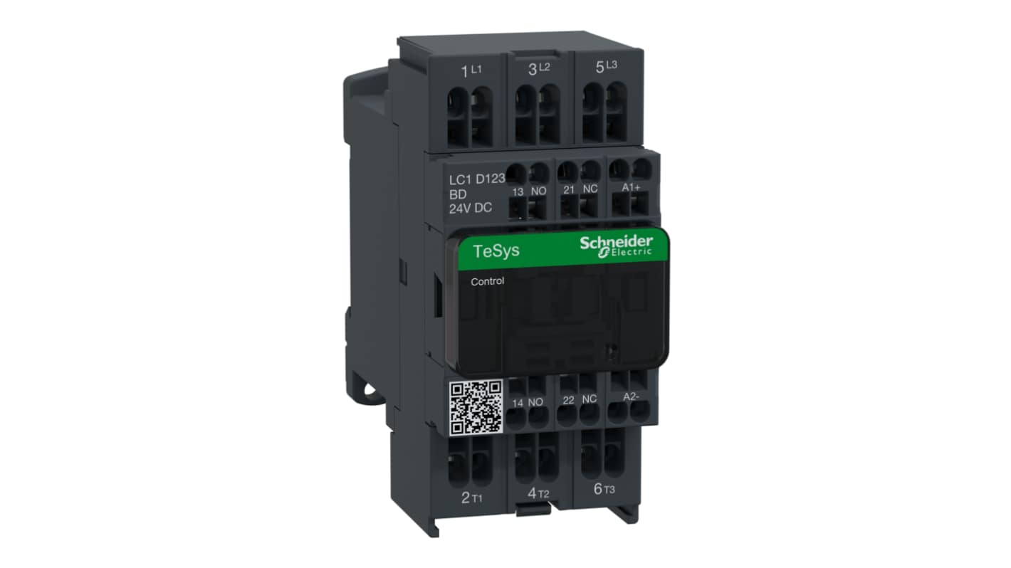 Contattore Schneider Electric LC1D123BD TeSys D, 3 poli, 12 A, 24 V c.c., montaggio su guida DIN, dimensioni 95x45x99 mm.