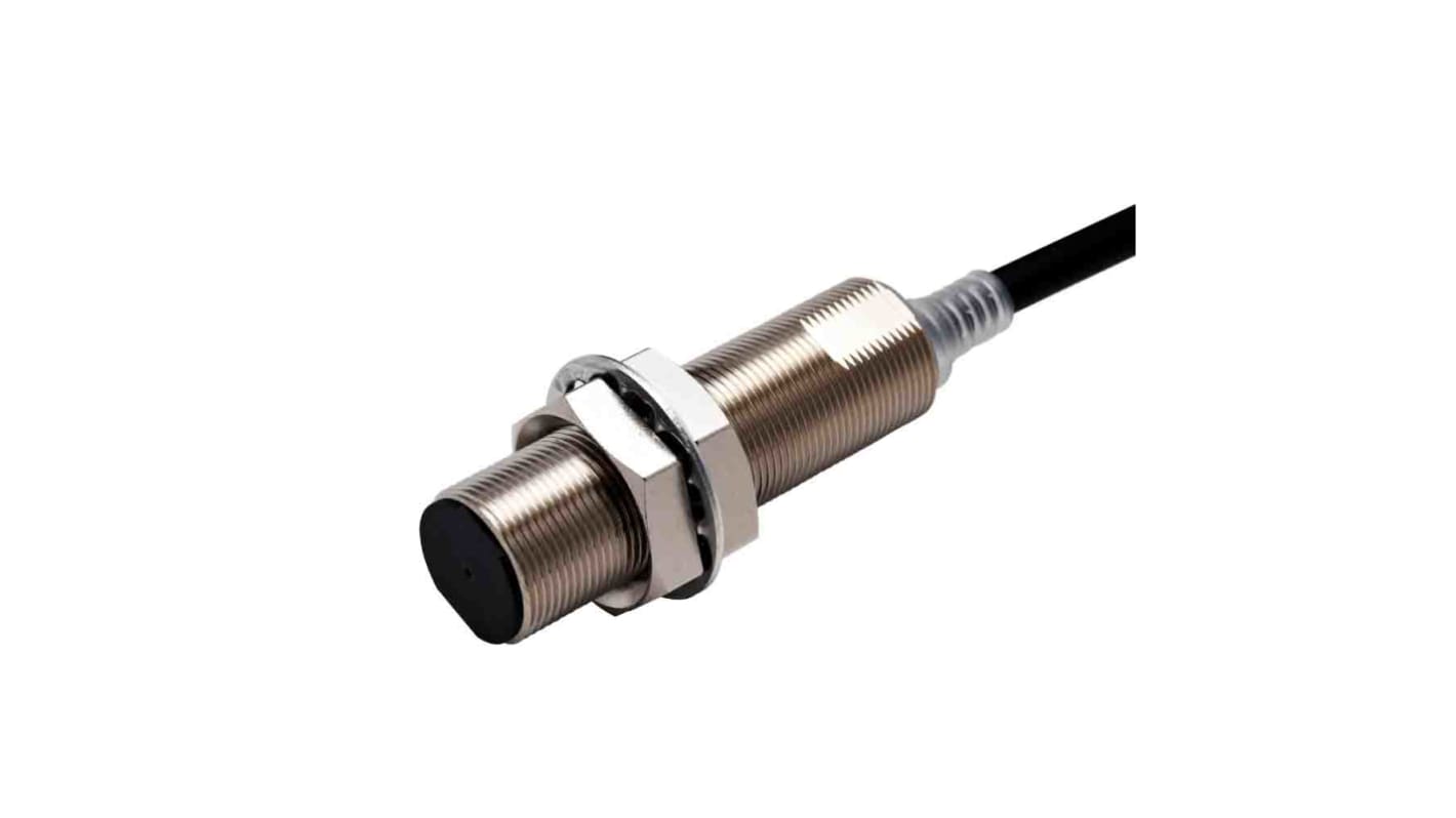 Sensore di prossimità cilindrico PNP Omron E2E-X12B1TL18 2M, rilevamento 12 mm, IP67, dimensioni 77.3 x 18 mm.