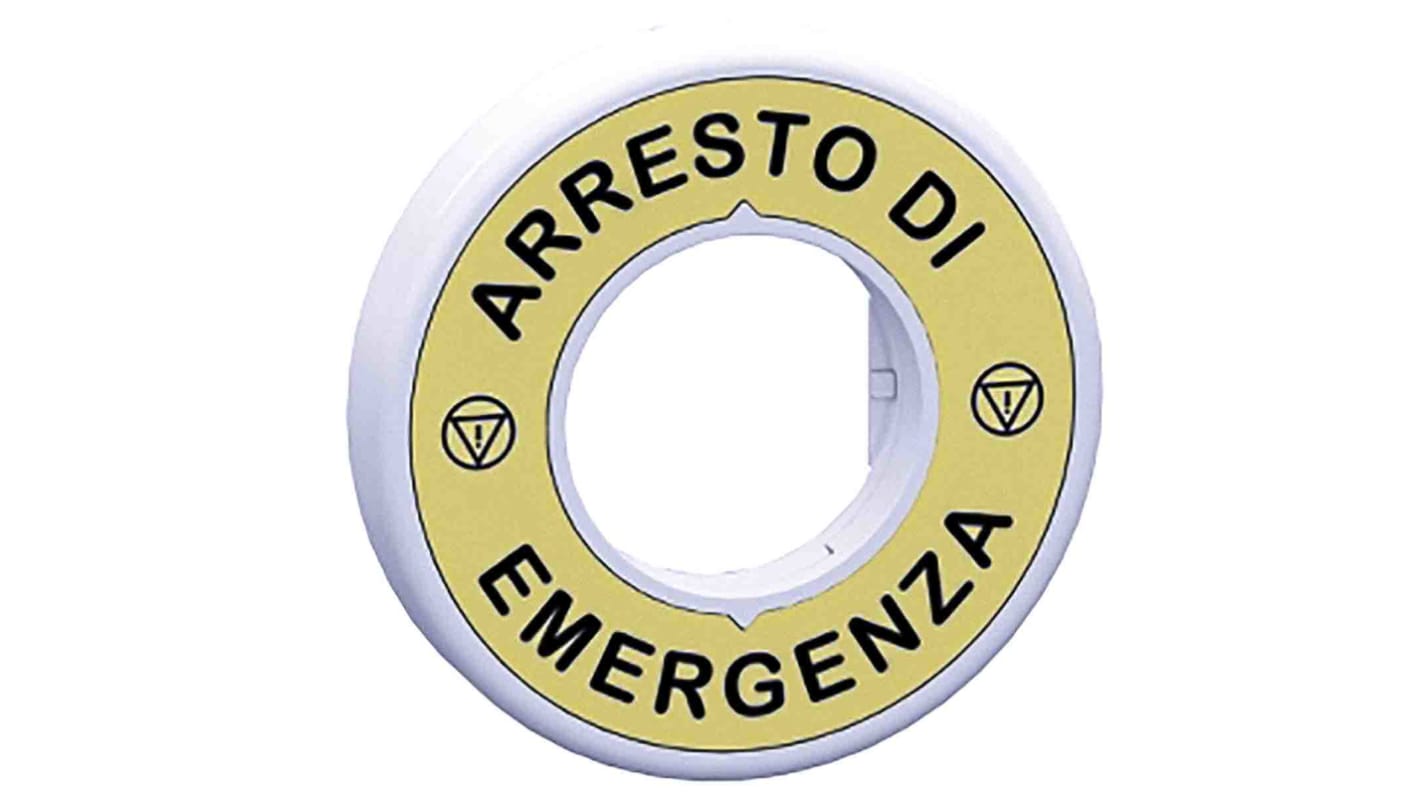 Anello legenda illuminato Schneider Electric ZBY9W2M630 per pulsante di arresto emergenza, LED rosso fisso, tensione 230V.