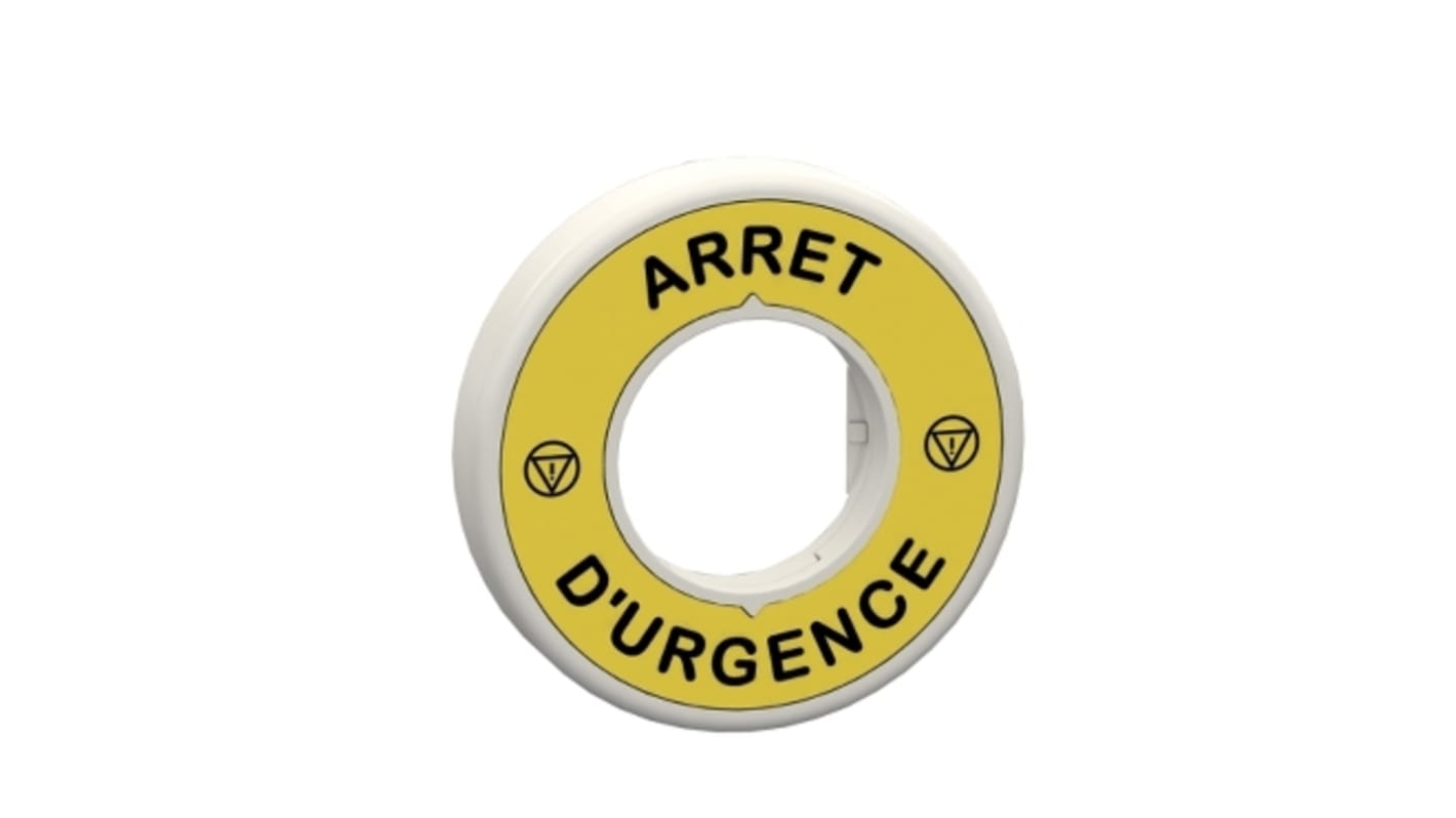 Anello legenda illuminato Schneider Electric per pulsante di arresto emergenza, 24V, con LED bianchi e rossi, etichetta gialla.