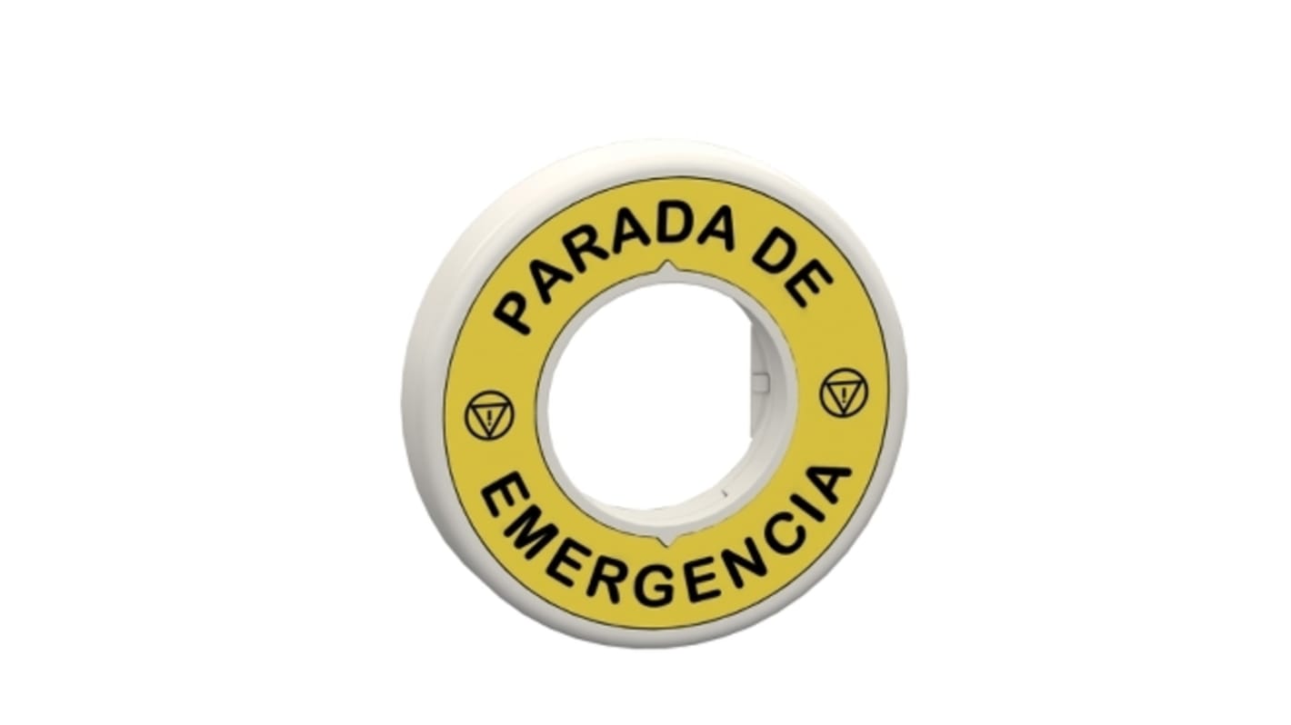 Anello legenda illuminato Schneider Electric per pulsante di arresto emergenza, 24V, testo LED "Parada De Emergencia".