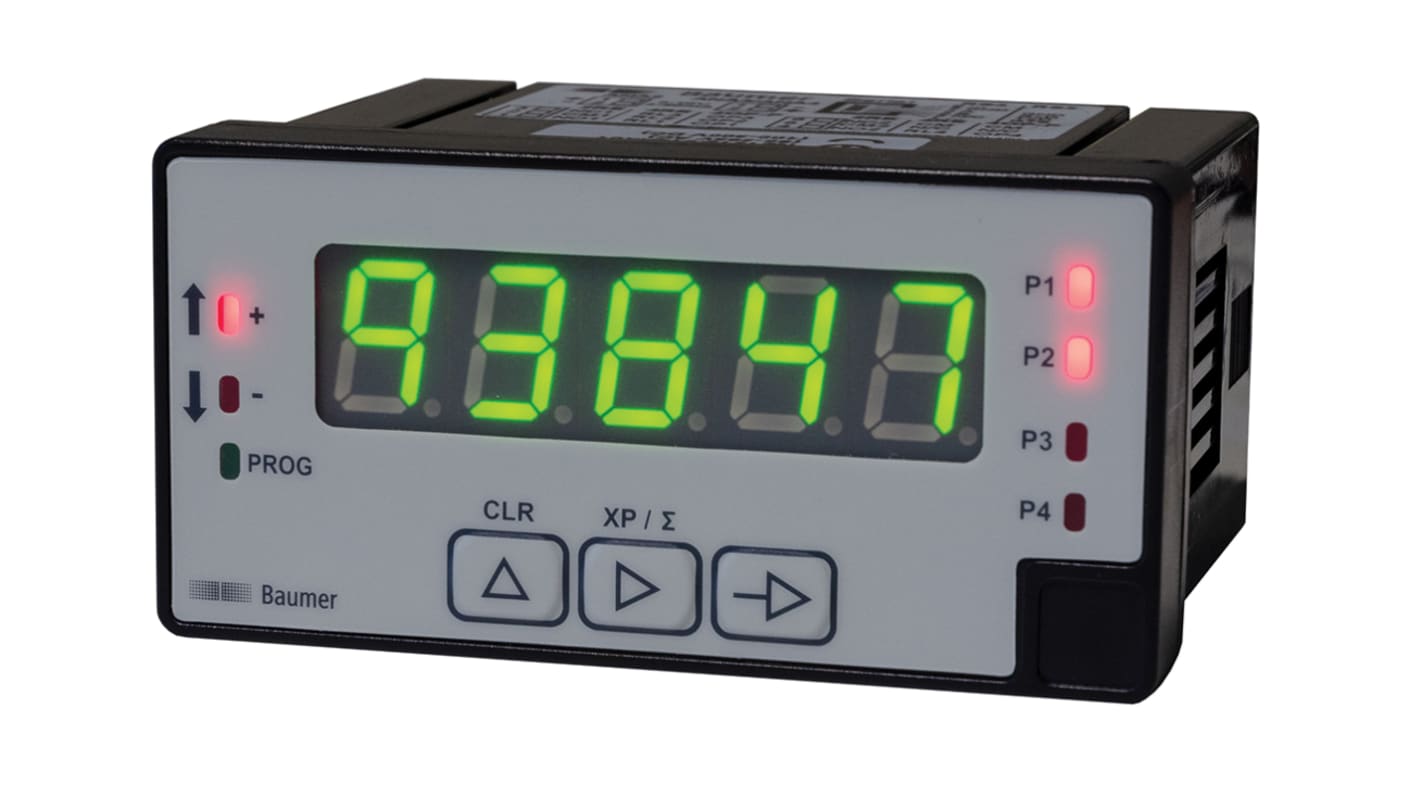 Contatore preimpostato Baumer NE1218.0B4AX01, display LED 5 cifre, montaggio su guida DIN, dimensioni 93 x 45 mm.
