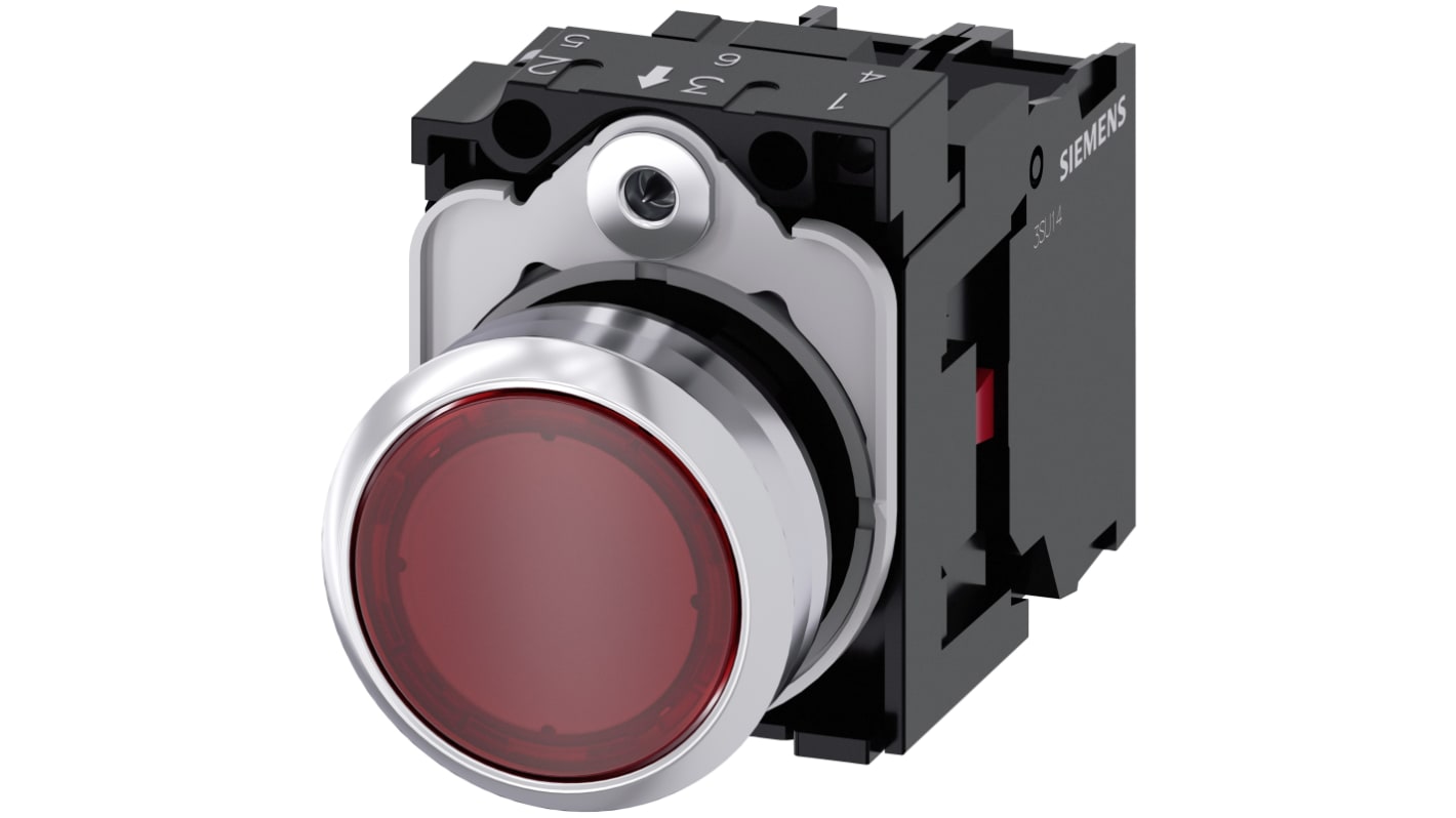 Pulsante luminoso rotondo Siemens 3SU1153-0AB20-1CA0, SPST, rosso, IP66/IP67/IP69, diametro foro 22mm, corpo metallico.