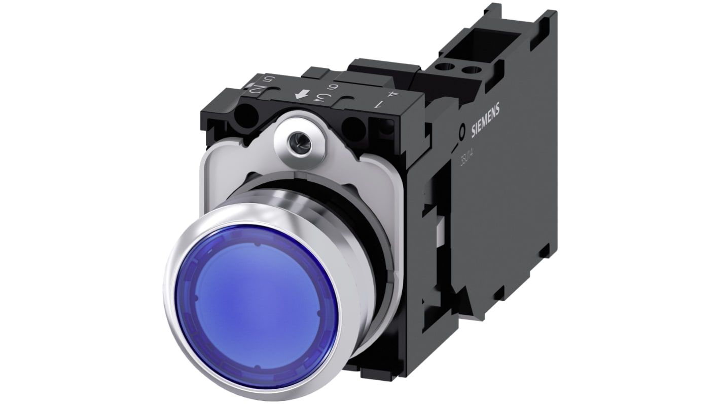 Pulsante luminoso Siemens SPST, diametro 29.45 mm, blu, protezione IP66/IP67/IP69K, installazione snap-on.