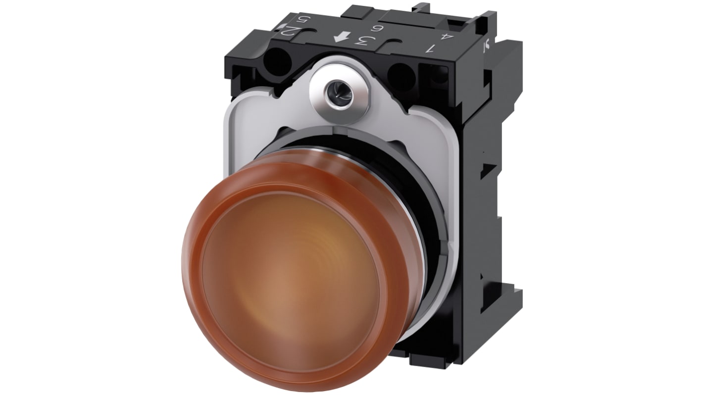 Indicatore LED Siemens 3SU1152-6AA00-1AA0, montaggio a pannello, diametro 22mm, tensione 24V, colore arancione.