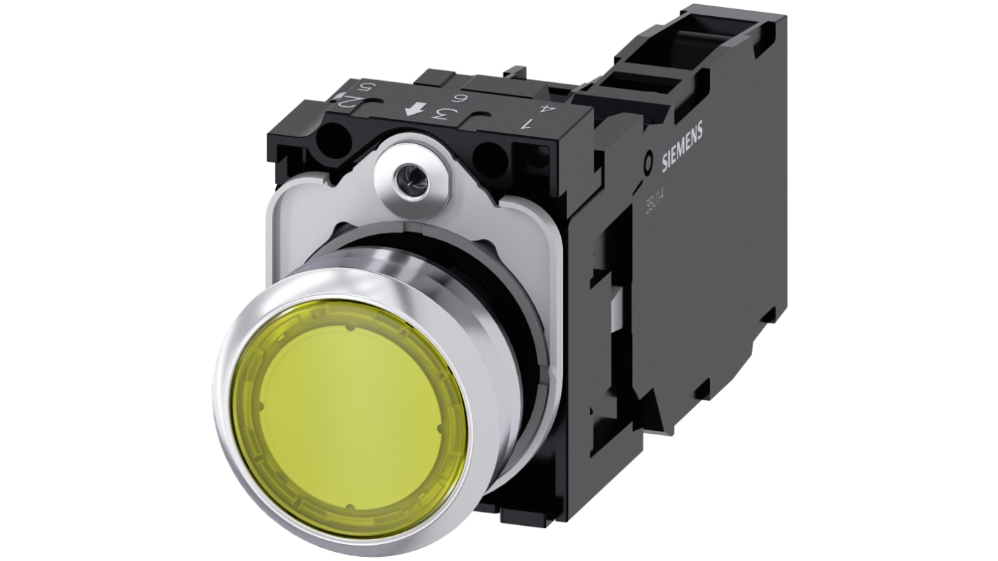 Pulsante luminoso Siemens SIRIUS ACT, rotondo, giallo, SPST, IP66/IP67/IP69, diametro foratura 22mm, corpo metallico.
