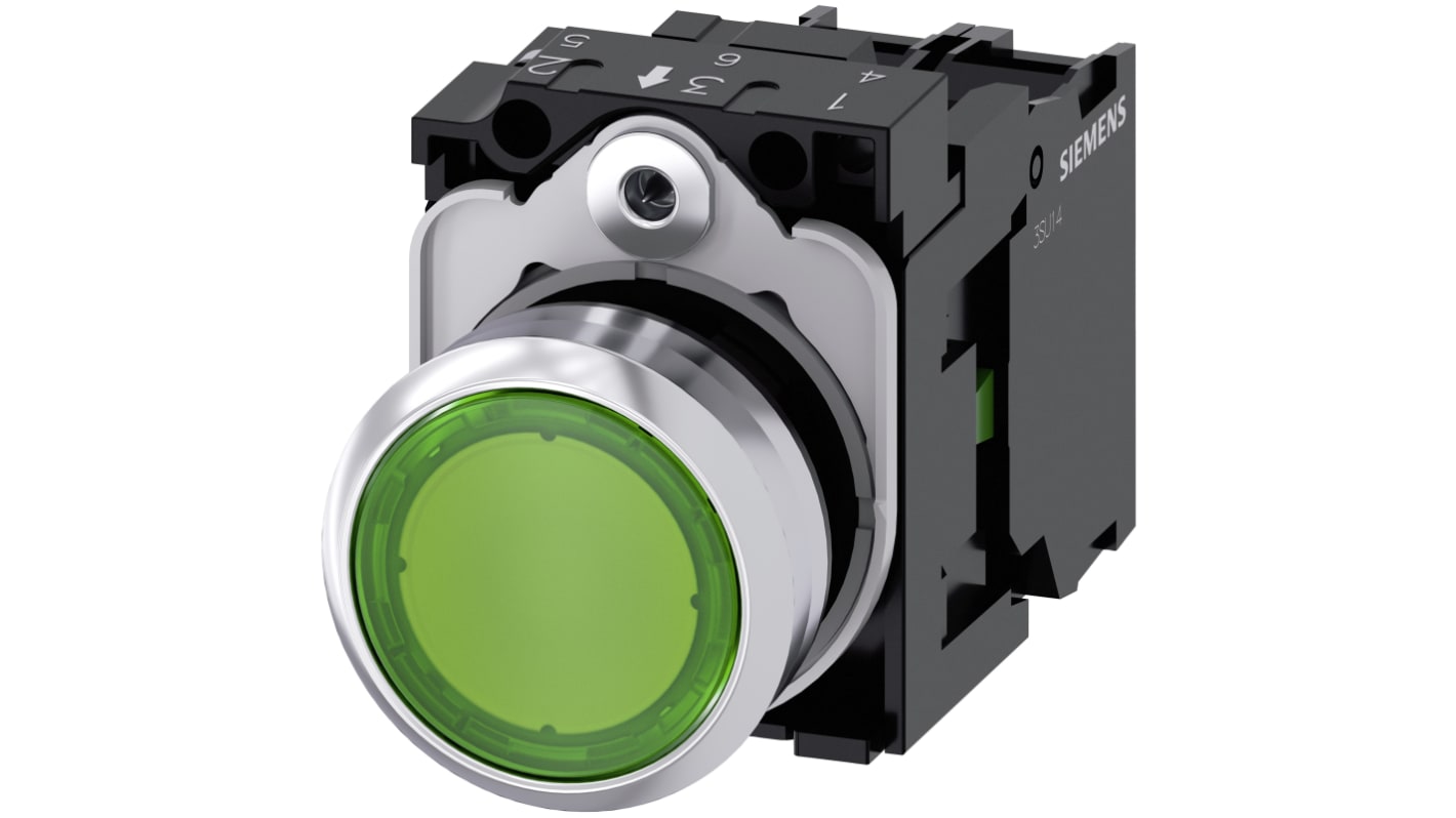 Pulsante luminoso Siemens SIRIUS ACT, rotondo verde, SPST, IP66/IP67/IP69, diametro 22mm, corpo metallico, -25 a +70°C.