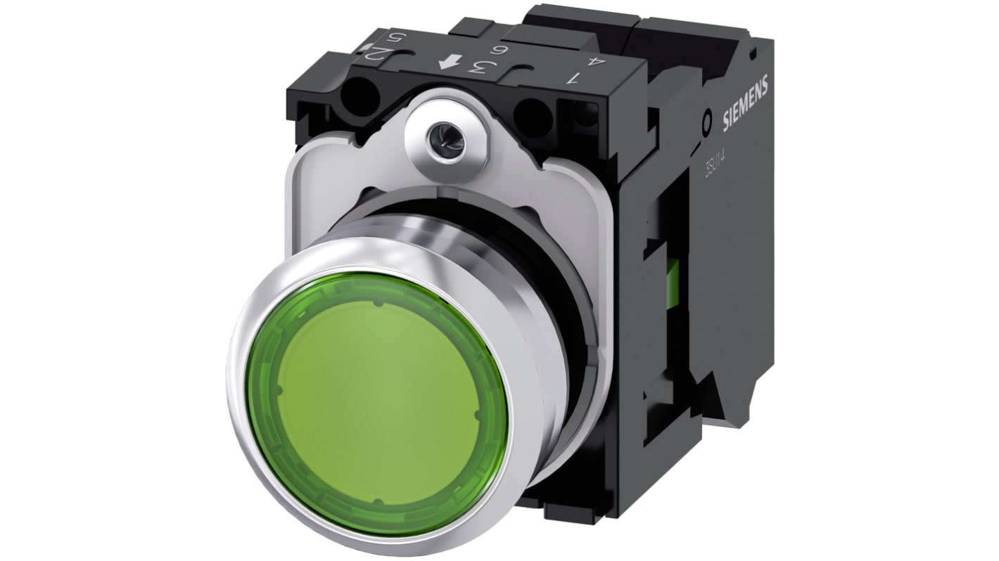 Pulsante Siemens SIRIUS ACT SPST luminoso verde, diametro 22mm, IP66/IP67/IP69, corpo metallico, tensione max 500V.