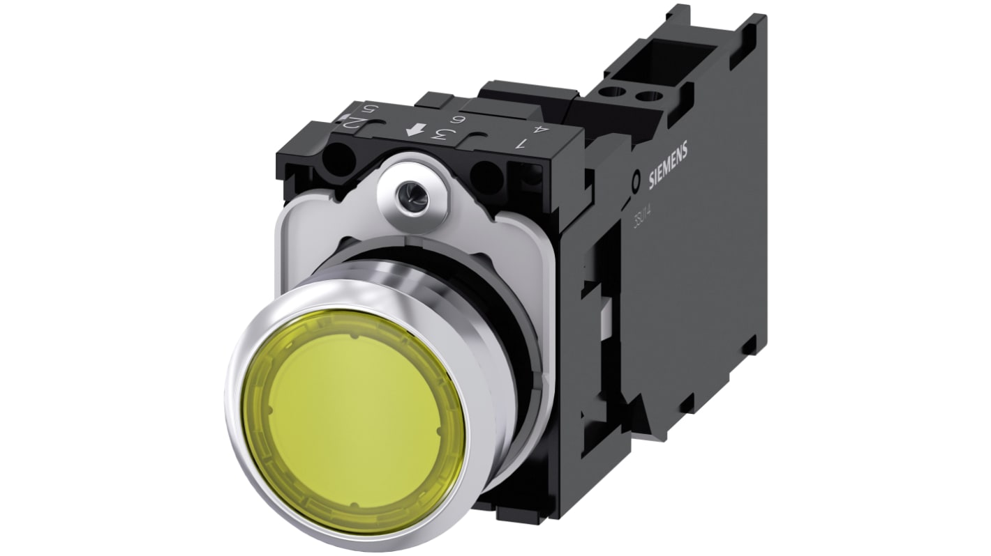 Pulsante luminoso Siemens SIRIUS ACT, rotondo, giallo, SPST, IP66/IP67/IP69, diametro foratura 22mm, corpo metallico.