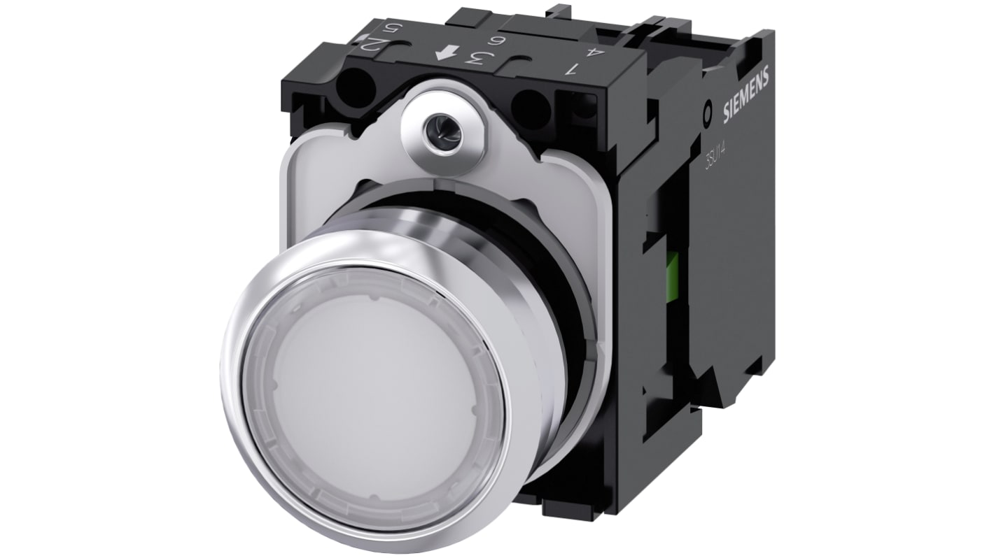 Pulsante luminoso Siemens SPST, diametro 22mm, IP66/IP67/IP69, corpo metallico, operatività -25 a +70 gradi.