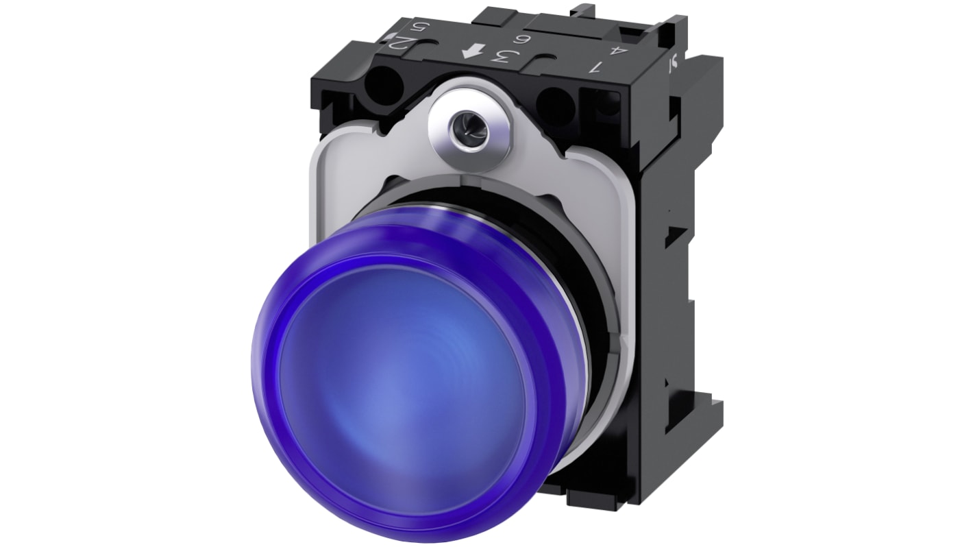 Indicatore LED Siemens 3SU1153-6AA50-1AA0, montaggio a pannello, diametro foro 22mm, spia blu, 110V, installazione snap-on.