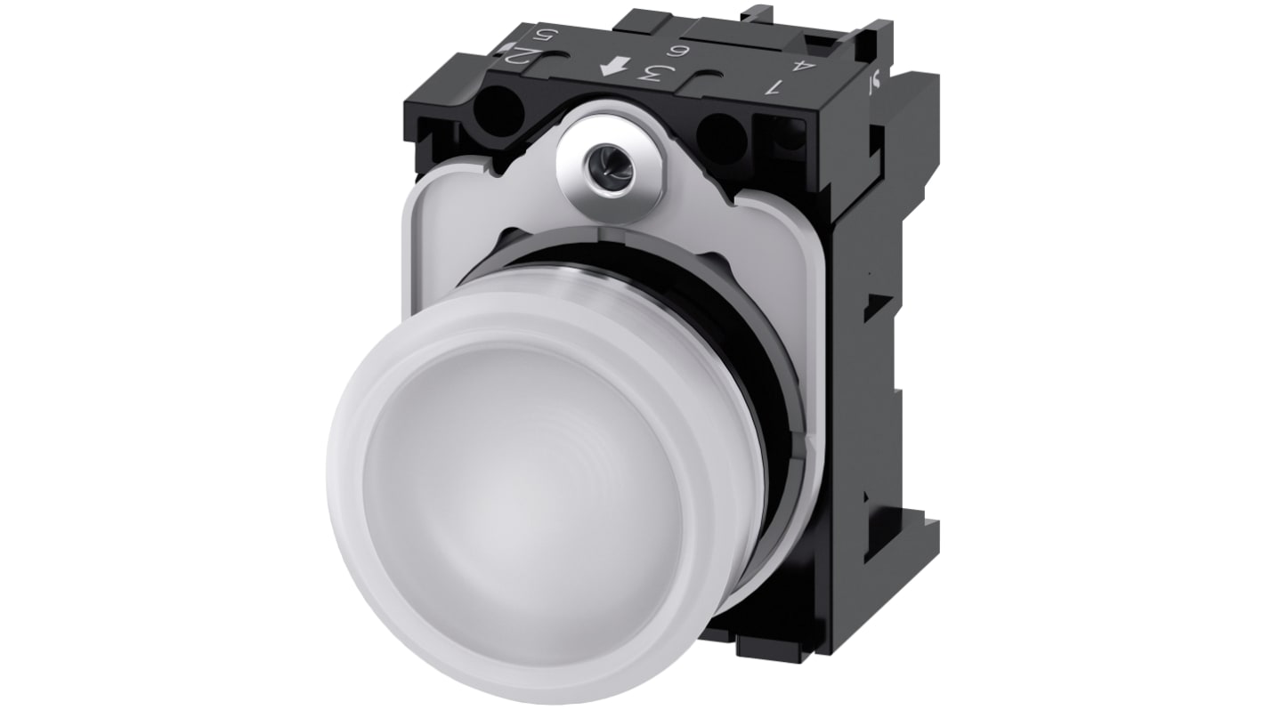 Indicatore LED Siemens SIRIUS ACT, montaggio a pannello, diametro 22mm, tensione 110V, colore bianco, installazione snap-on.