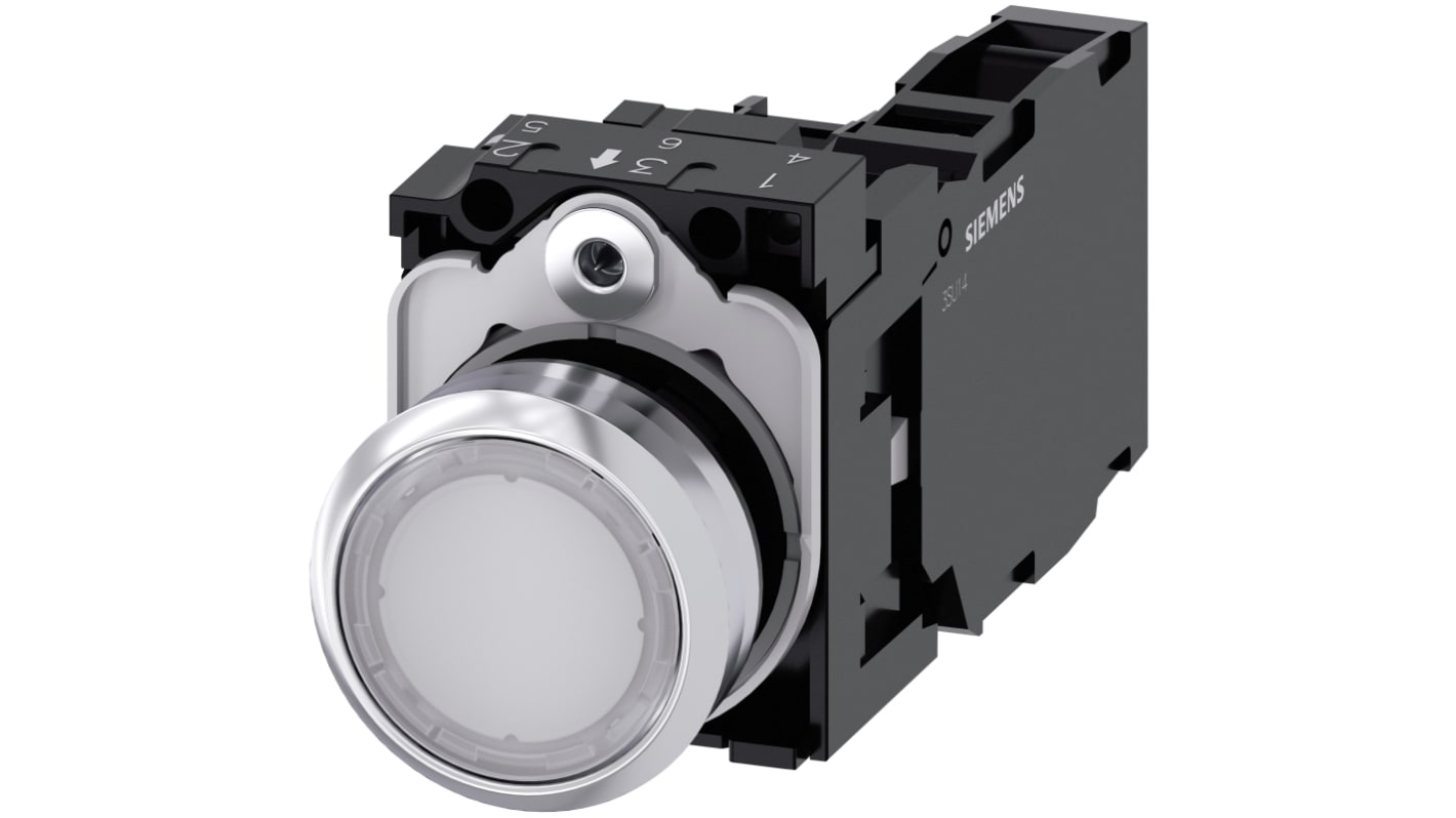 Pulsante luminoso Siemens 3SU1156-0AB60-1FA0, rotondo, bianco, SPST, IP66/IP67/IP69, diametro 22mm, corpo metallico.