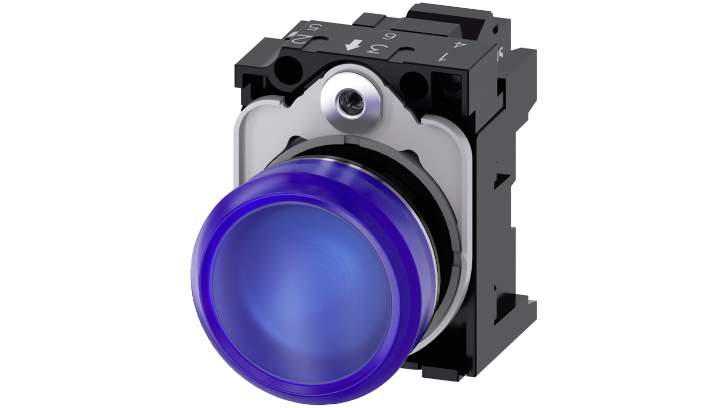 Indicatore LED Siemens 3SU1153-6AA50-3AA0, montaggio a pannello, diametro foro 22mm, tensione 110V, spia blu.