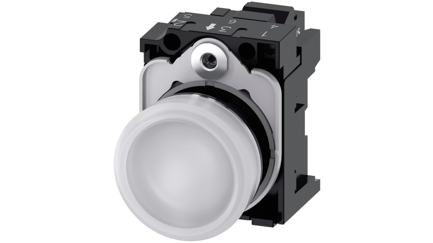 Indicatore LED Siemens 3SU1153-6AA60-3AA0, montaggio a pannello, diametro foro 22mm, tensione 110V, colore bianco.