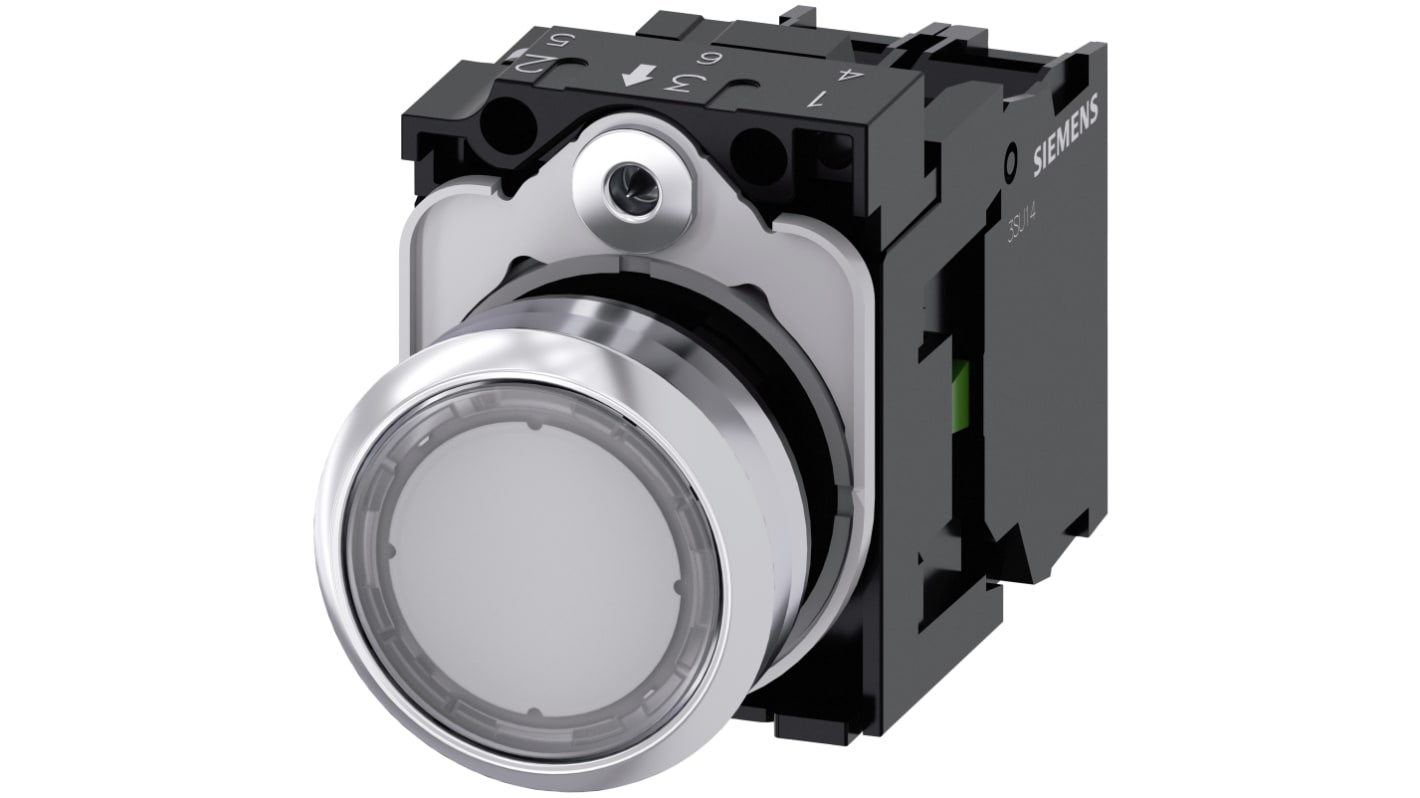 Pulsante luminoso Siemens 3SU1156-0AB70-1BA0, rotondo, trasparente, IP66/IP67/IP69, montaggio 22mm, corpo metallico.