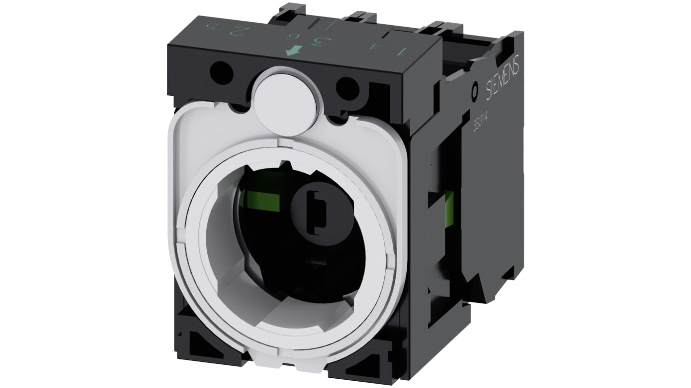 Siemens blocco contatti 2NO con supporto, tensione 6-24 V, montaggio snap-on, LED verde, grado di protezione elevato.