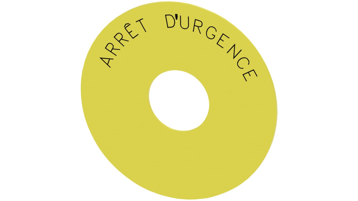 Piastra di supporto gialla Siemens per pulsante di emergenza, diametro esterno 75 mm, autoadesiva, con iscrizione "Arrêt d'urgence".