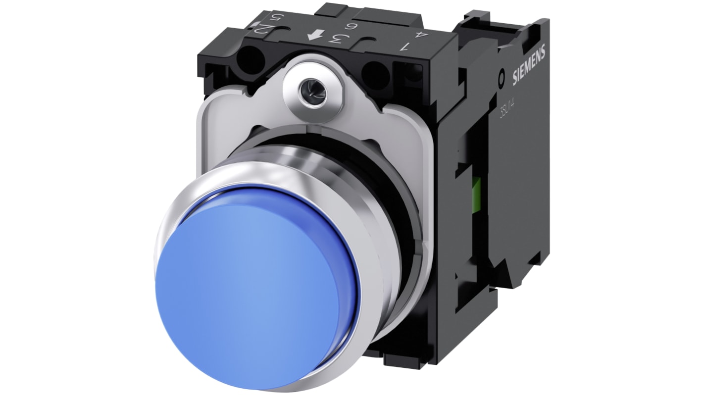 Pulsante SPST Siemens 3SU1150-0BB50-1BA0, rotondo 22 mm, metallo blu, montaggio snap-on, grado di protezione IP66/IP67/IP69K.