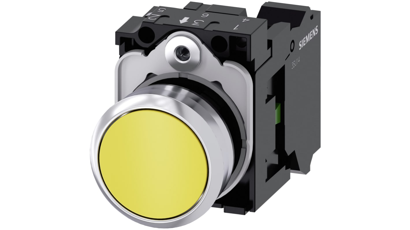 Pulsante rotondo Siemens SIRIUS ACT, 22 mm, giallo, SPST, contatto momentaneo, protezione IP66/IP67/IP69K.